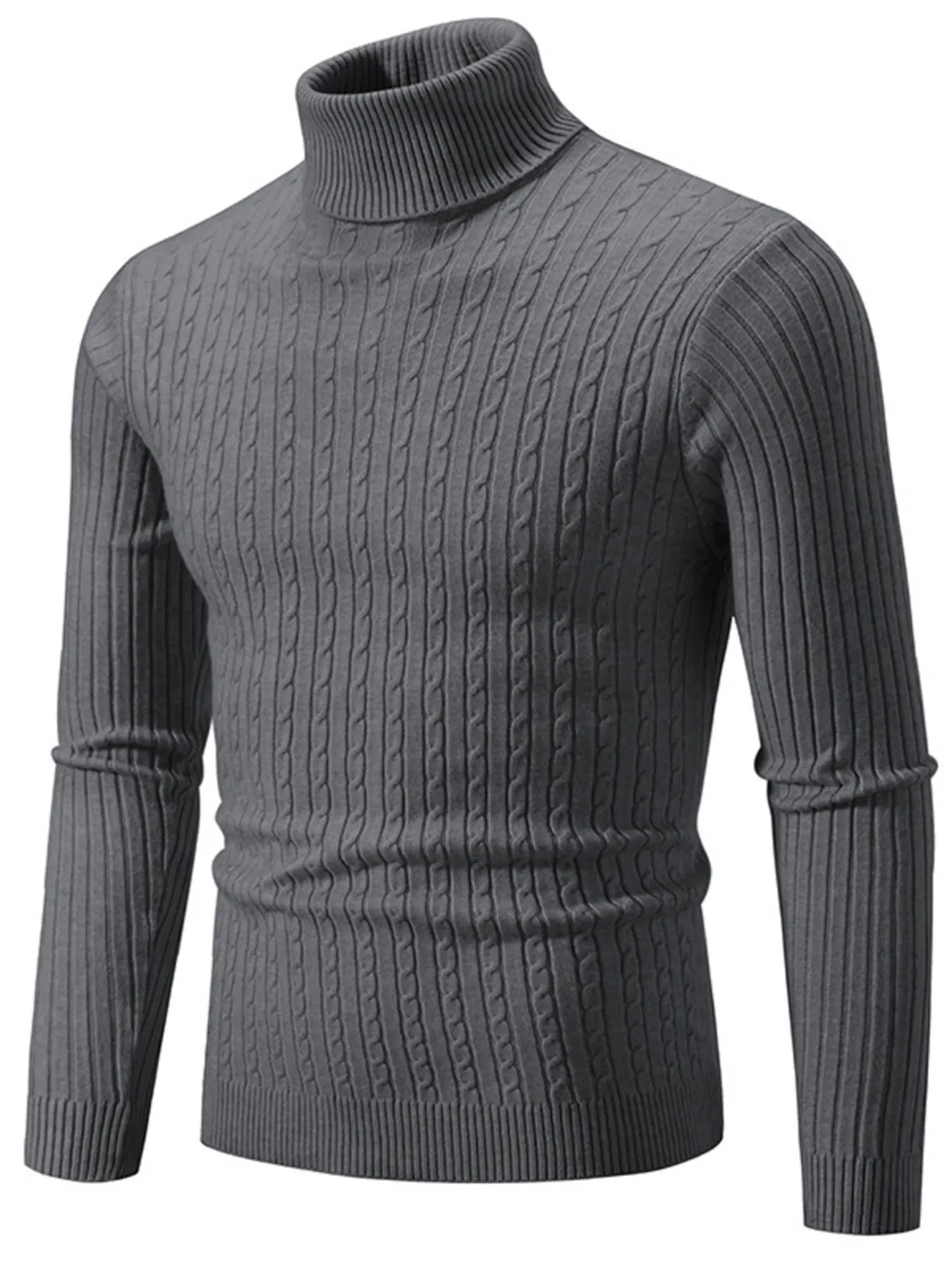 Dark gray ribbed turtleneck long sleeve sweater with knit cable texture