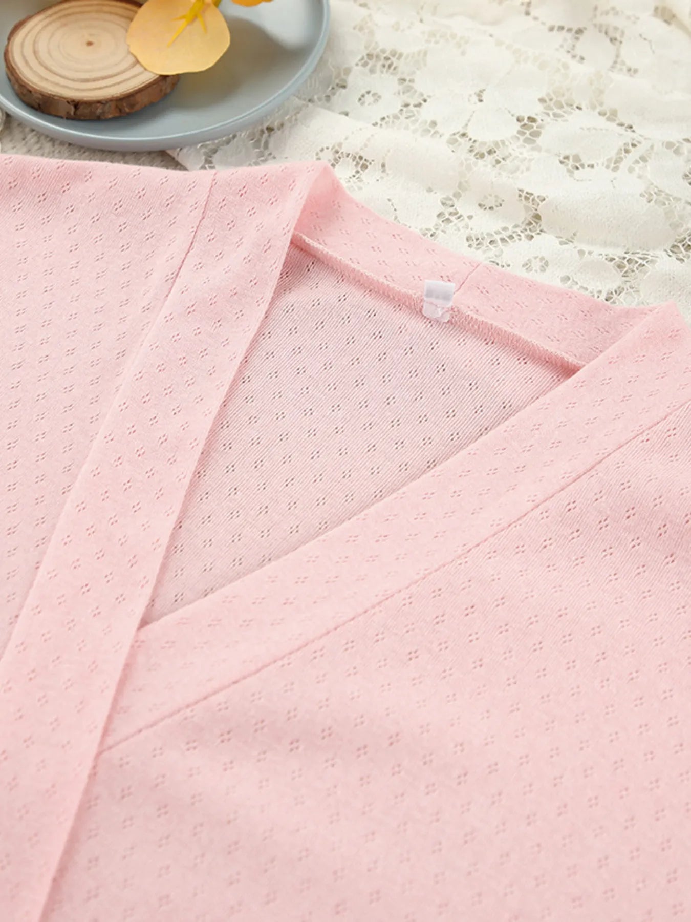 Dusty pink tie-waist kimono nightgown with textured dot fabric and V neckline