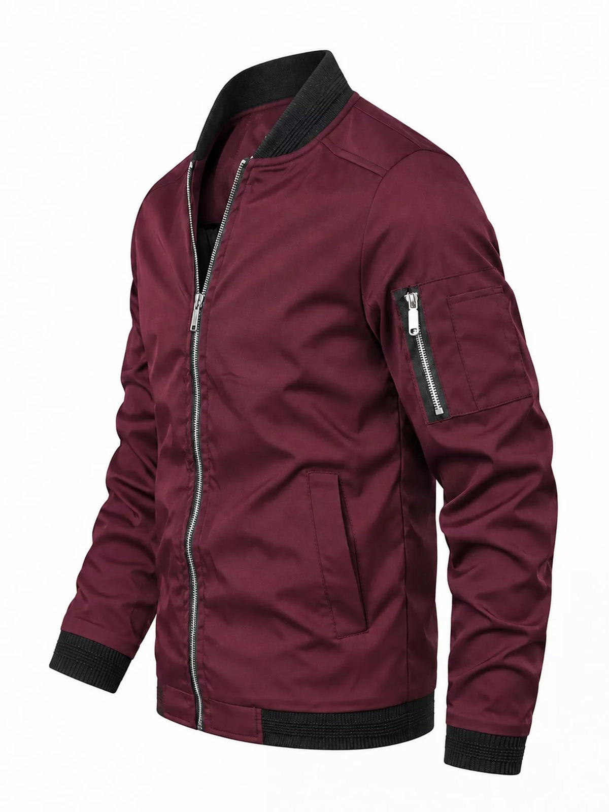 Men's lightweight burgundy bomber jacket, full-zip front, sleeve zip pocket detail