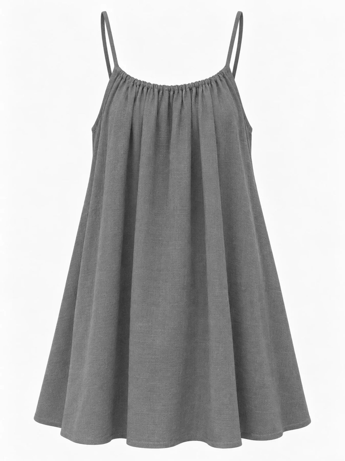 Spaghetti-strap ruched mini dress, gray, gathered neckline and flared pleated skirt