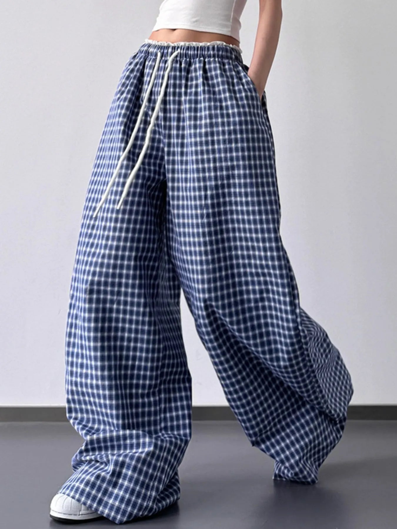 Drawstring plaid wide-leg pants, blue and white check, loose fit with drawstring