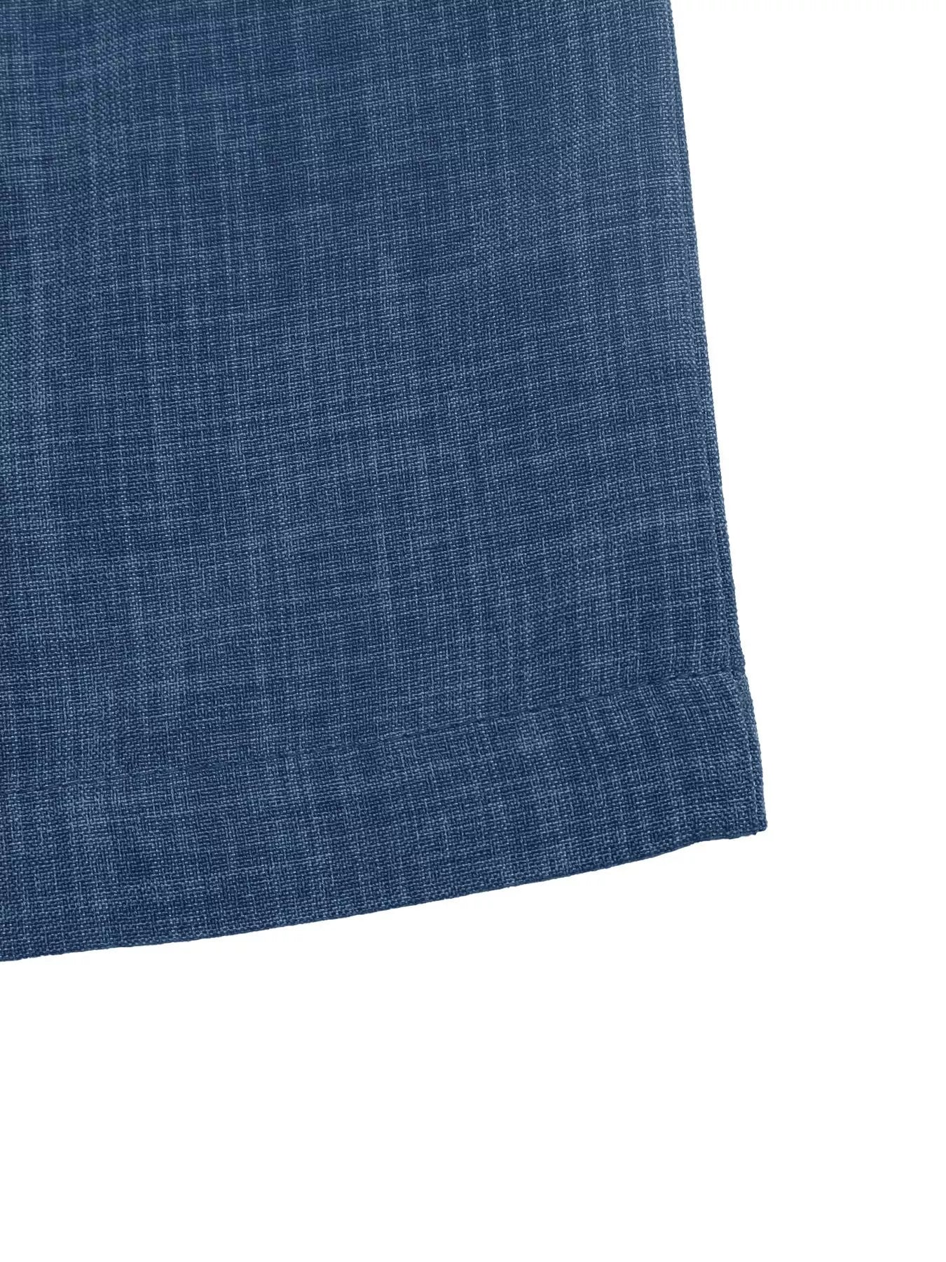 Navy blue fabric swatch with fine texture, matching wide-leg pants