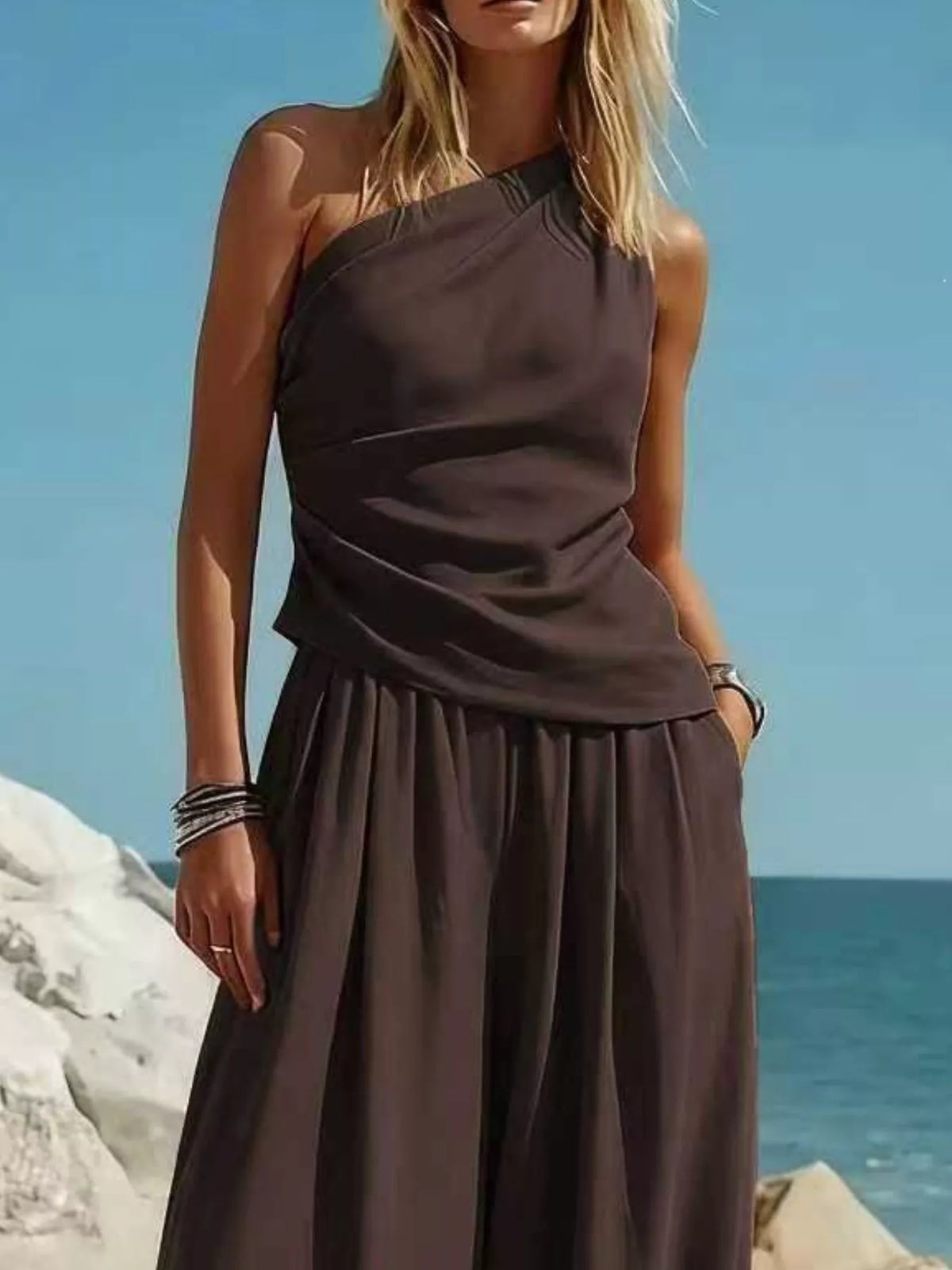 Dark brown one-shoulder sleeveless top with gathered harem pants