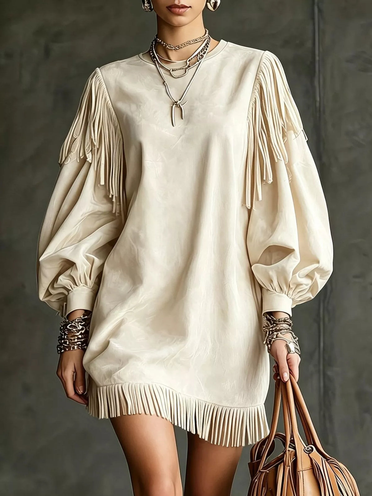 Beige mini dress with lantern sleeves and fringe hem, v-neck with tie detail