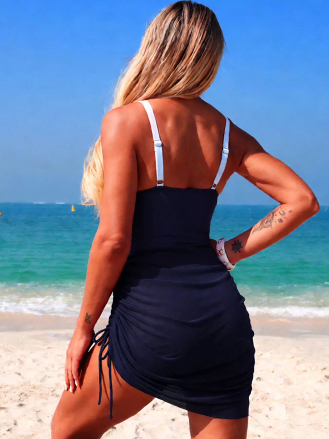 Color Block Cutout One-Piece Swimsuit with white adjustable straps, navy body, side drawstring by Trendsi