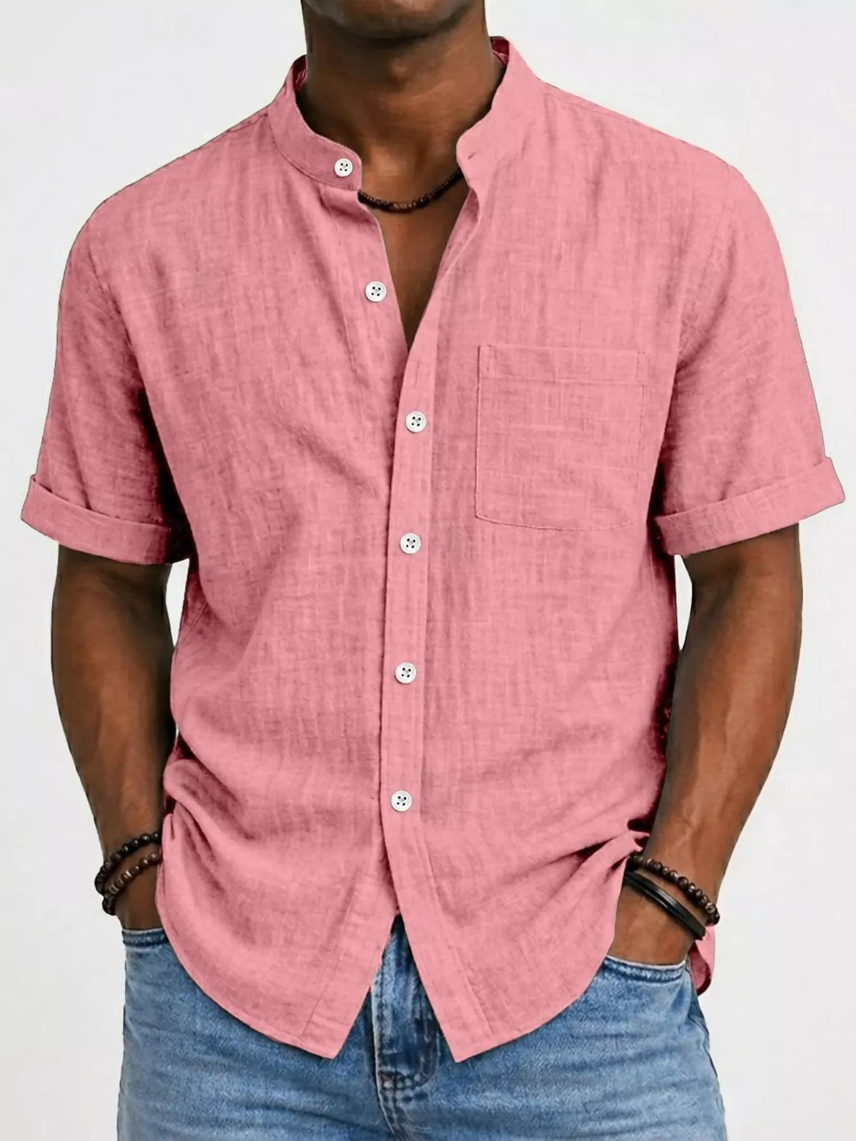 Men's short-sleeve button-up cotton shirt in pink, chest pocket