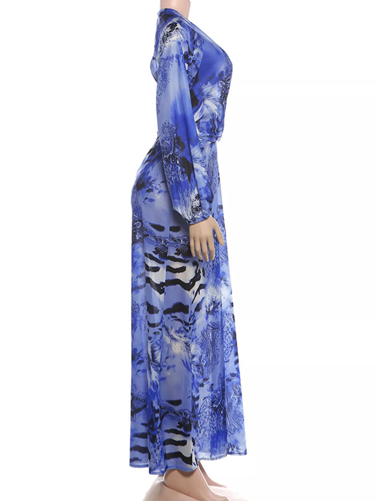 Blue printed maxi dress with deep V-neck and draped side profile
