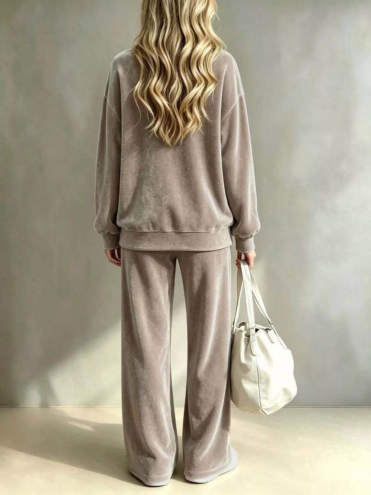 Khaki velvet two-piece set with long-sleeve sweatshirt and wide-leg pants