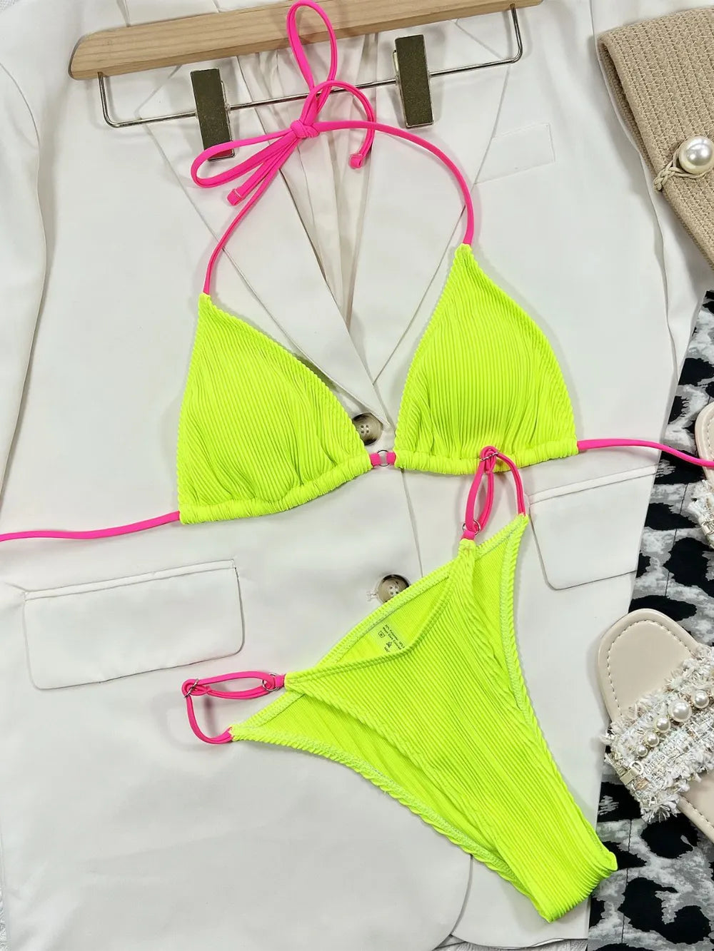 Yellow ribbed tie-back bikini set, triangle top and high-leg bottoms with pink ties