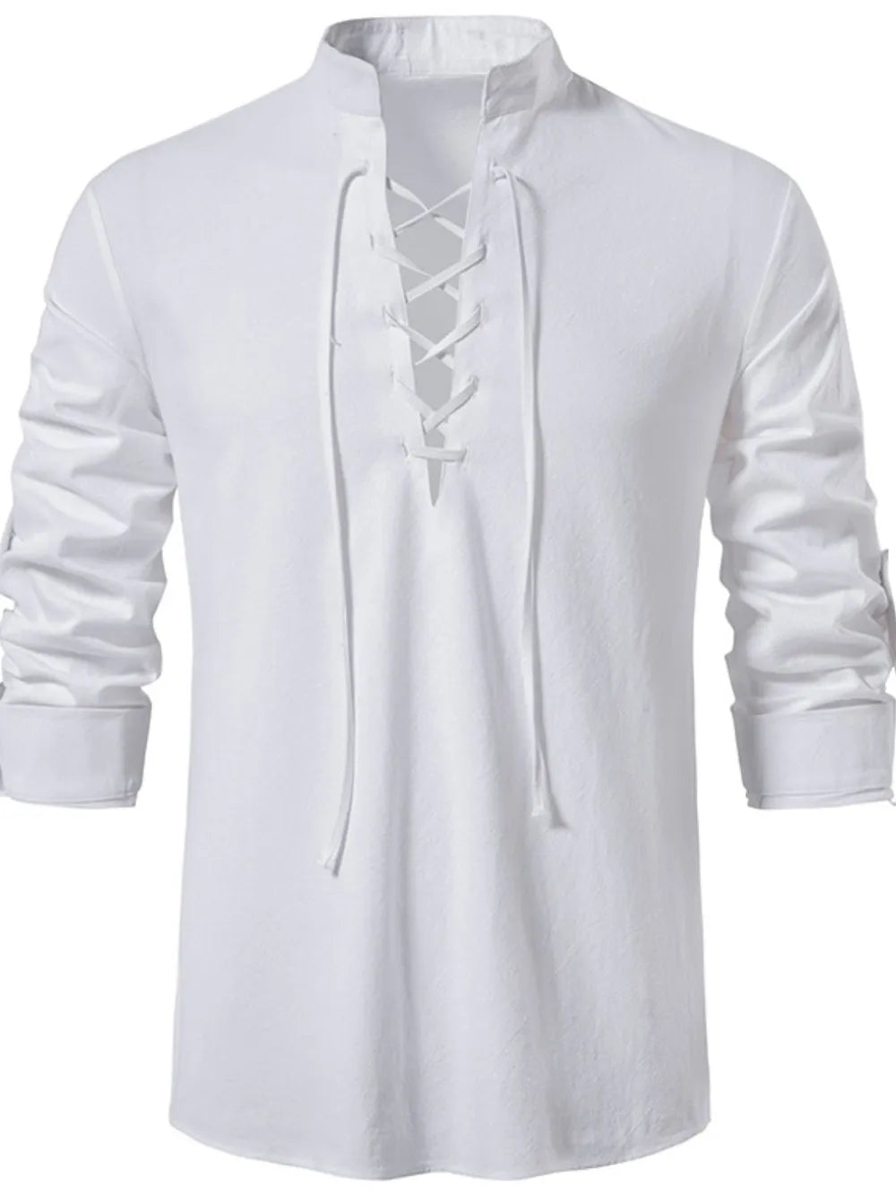Men's lace-up long sleeve blouse in white, stand collar with eyelet lace-up front