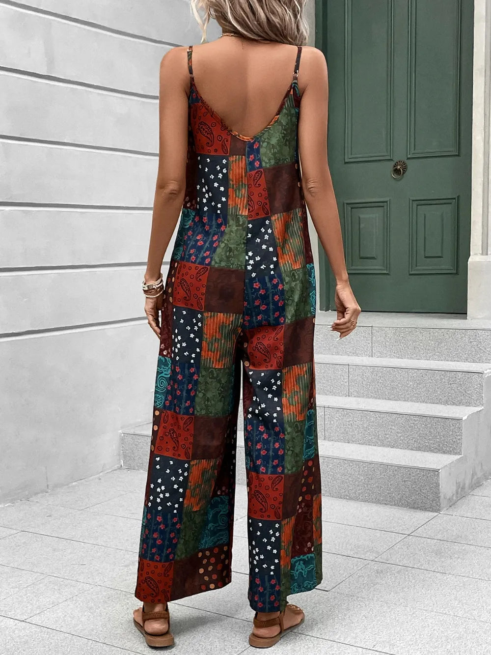 Backless multicolor patchwork printed jumpsuit with spaghetti straps and wide-leg pants