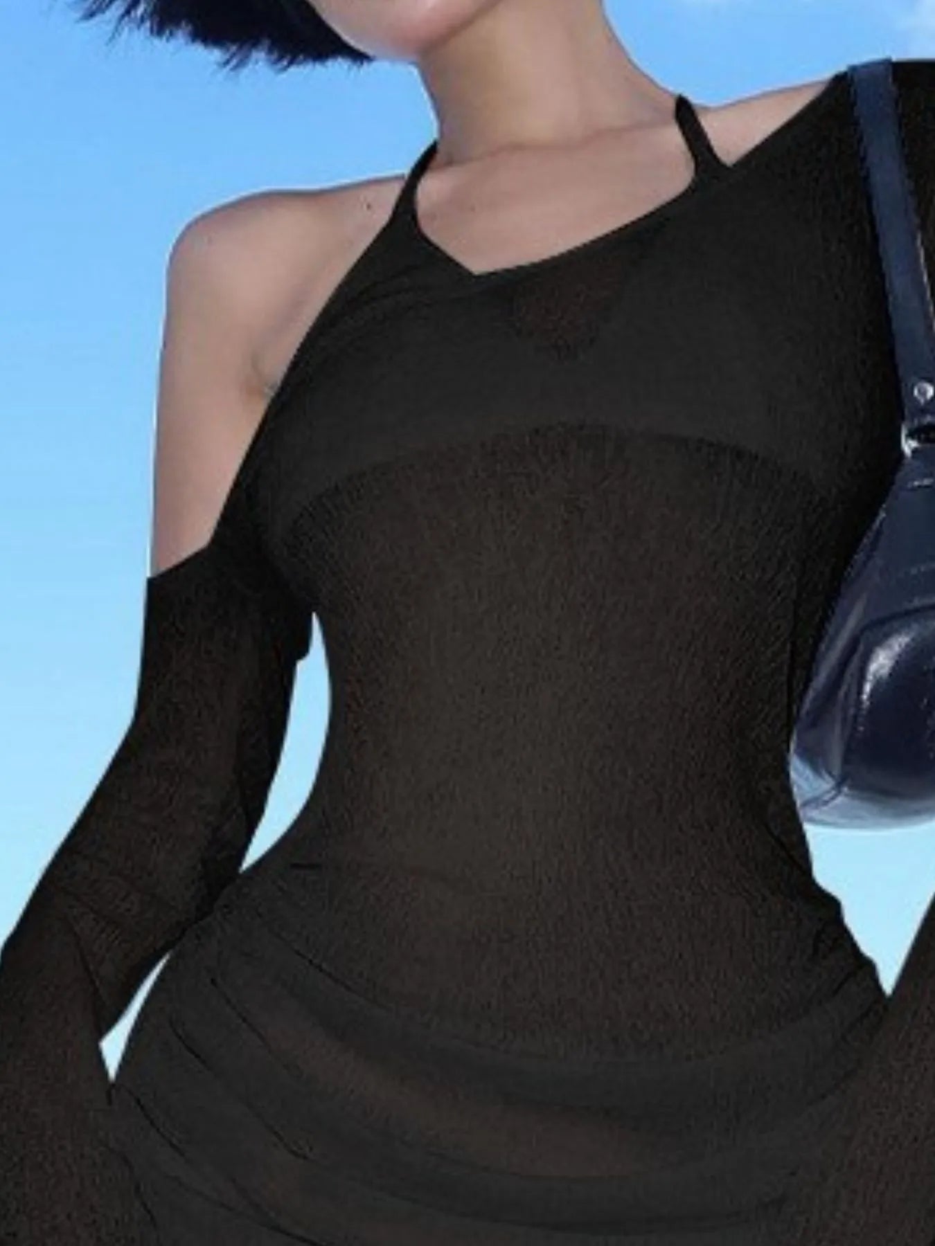 Black one-shoulder ruched mini cover-up dress with long bell sleeves and draped bodice