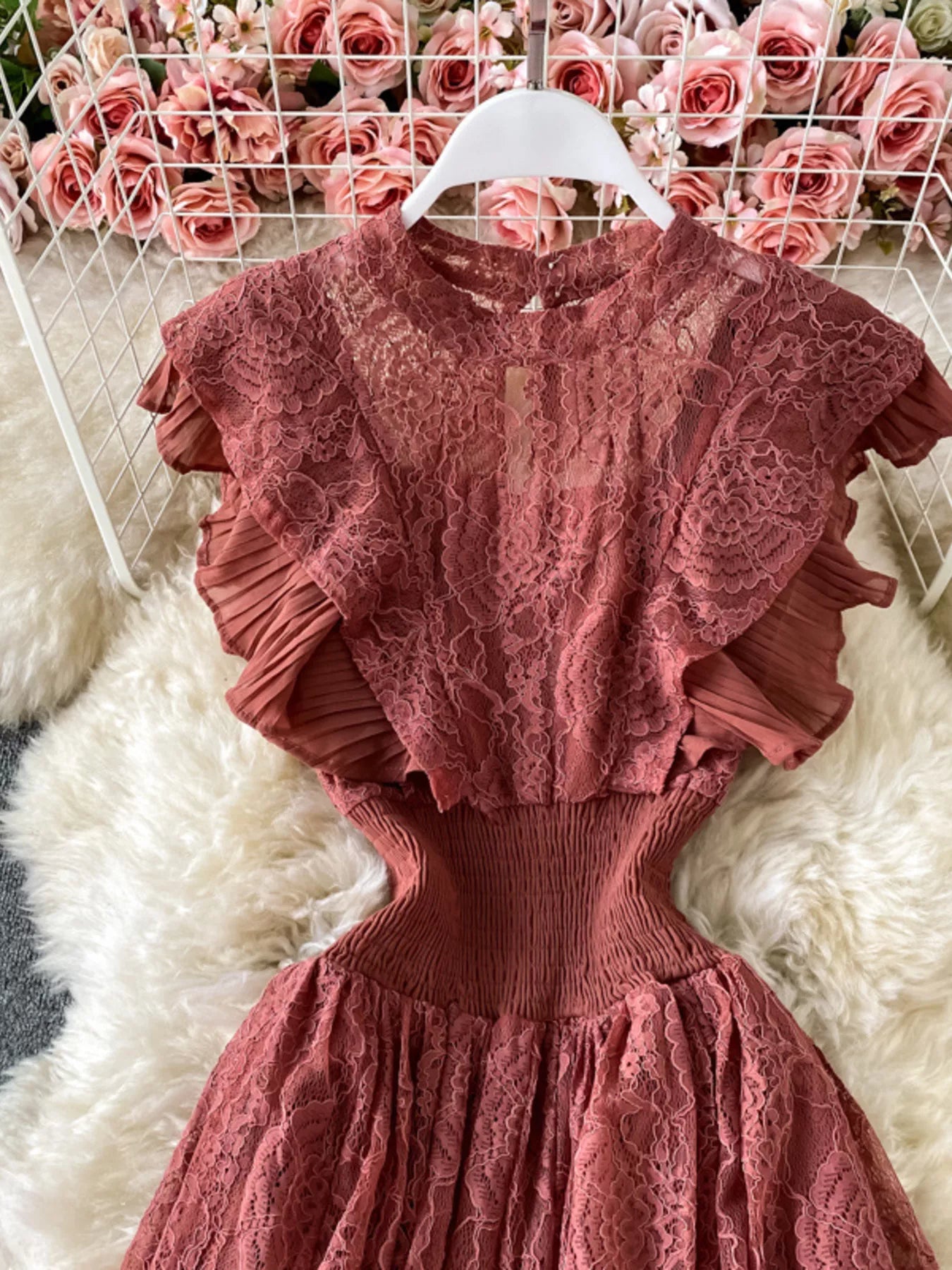 Cedar & Moore Ruffled Mock Neck Lace Maxi Dress in dusty rose with floral lace overlay