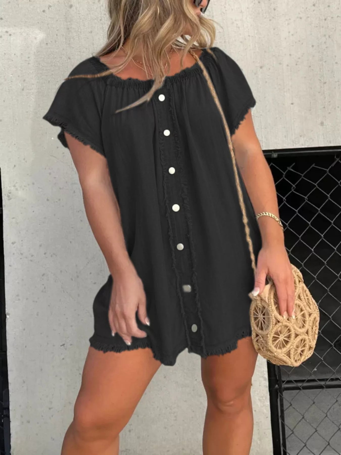 Cedar & Moore Black full-size off-shoulder denim dress with button-down front, frayed hem, plus size