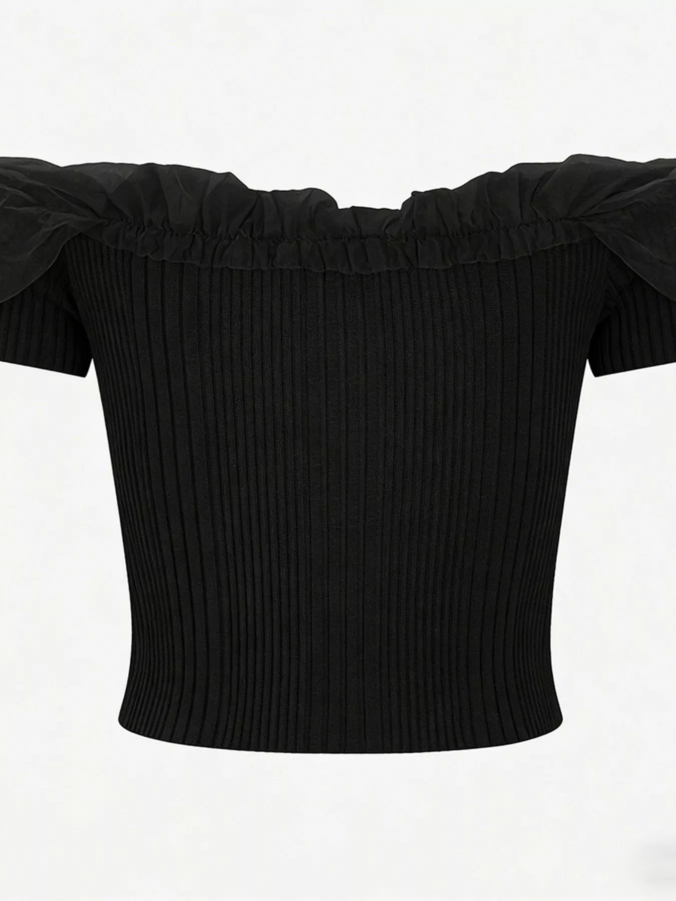 Cedar & Moore ribbed knit off-shoulder top with black fabric and ruffle trim