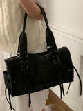Lace Up Shoulder Bag, black PU, medium by Trendsi, with dual top handles and lace-up detailing.