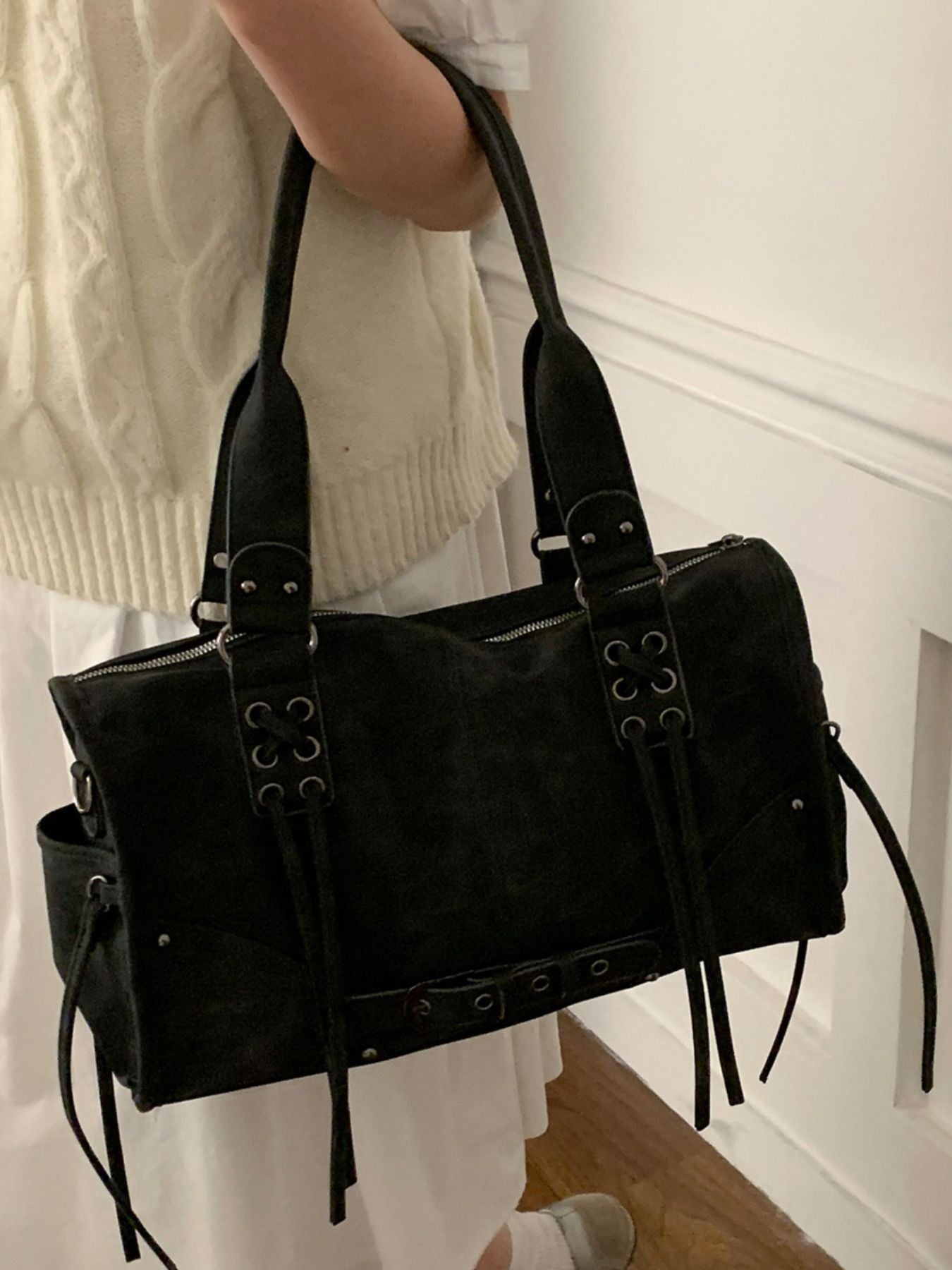 Lace Up Shoulder Bag, black PU, medium by Trendsi, with dual top handles and lace-up detailing.