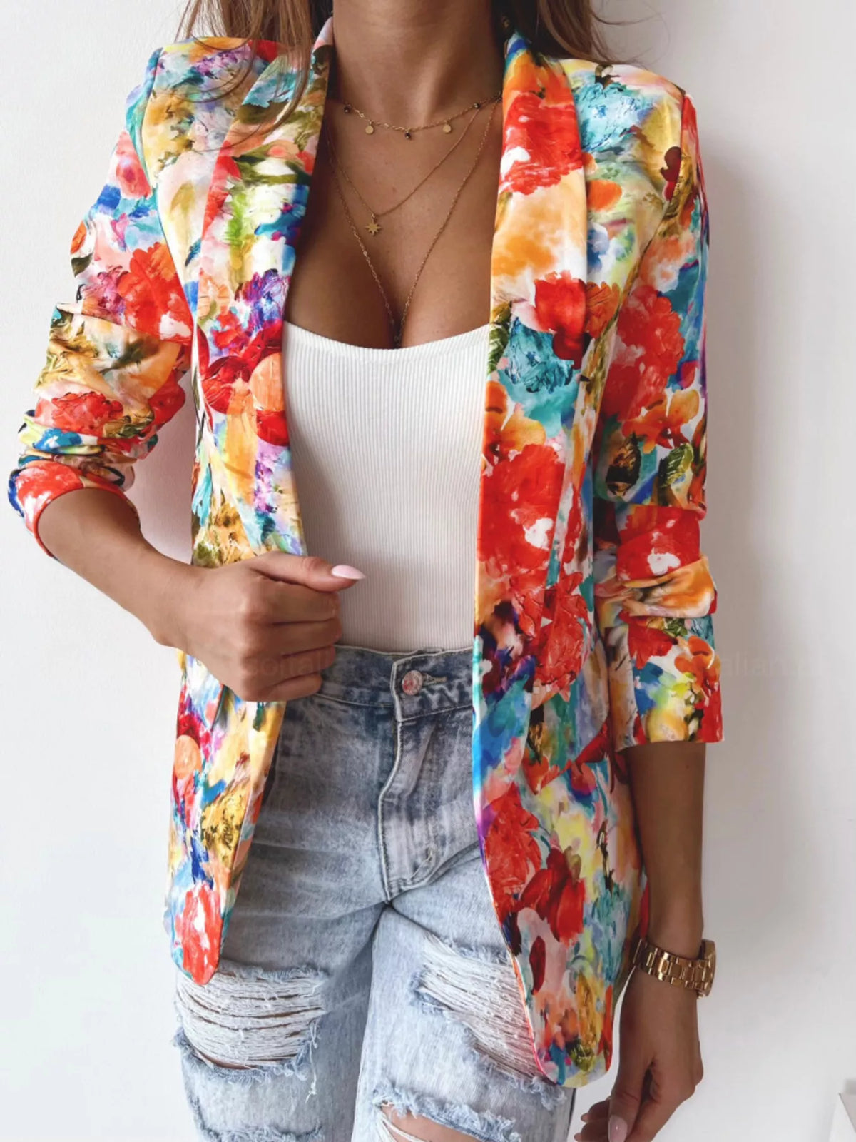 Floral print open-front blazer with rolled sleeves and front pockets