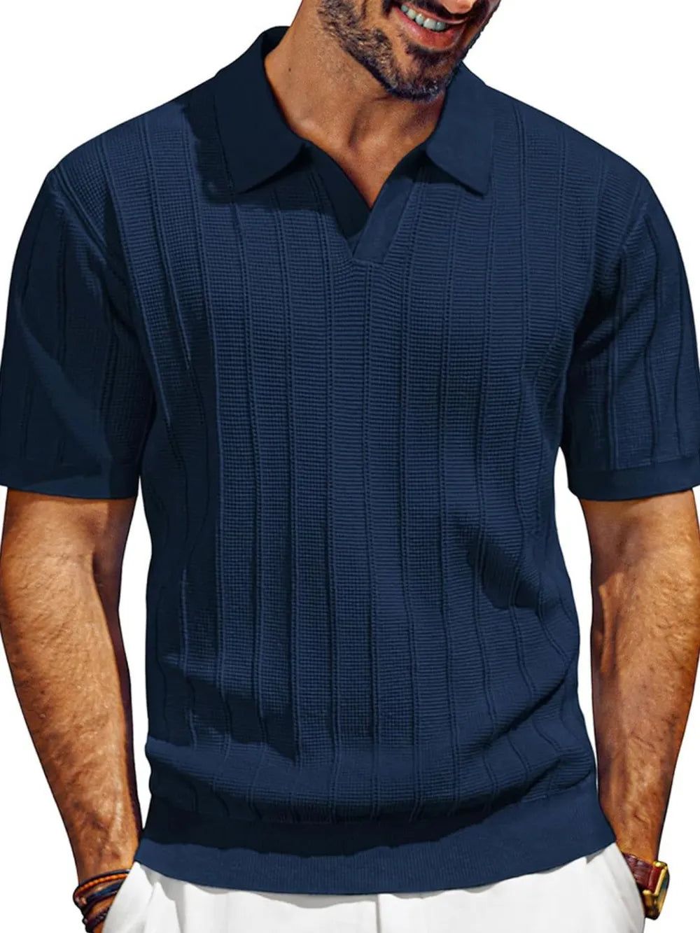 Men's textured polo shirt with collared neck, short sleeves, navy blue