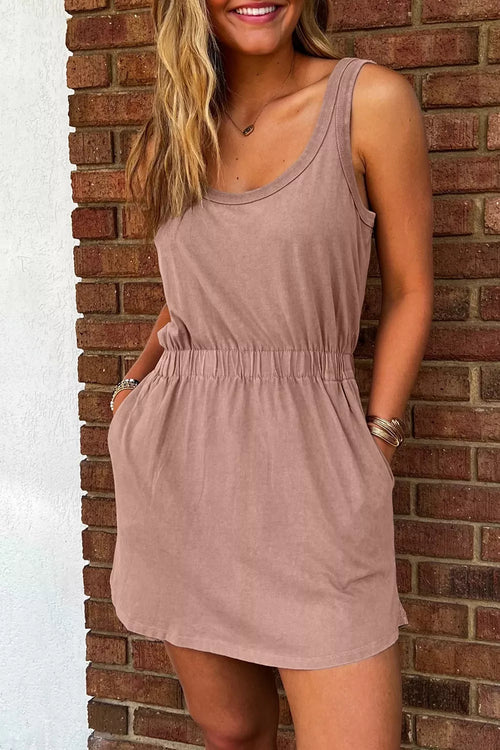 Sleeveless casual dress with elastic waist and crew neckline, muted mauve