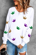 White round-neck sweatshirt with multicolor sequin crown graphics, long sleeves