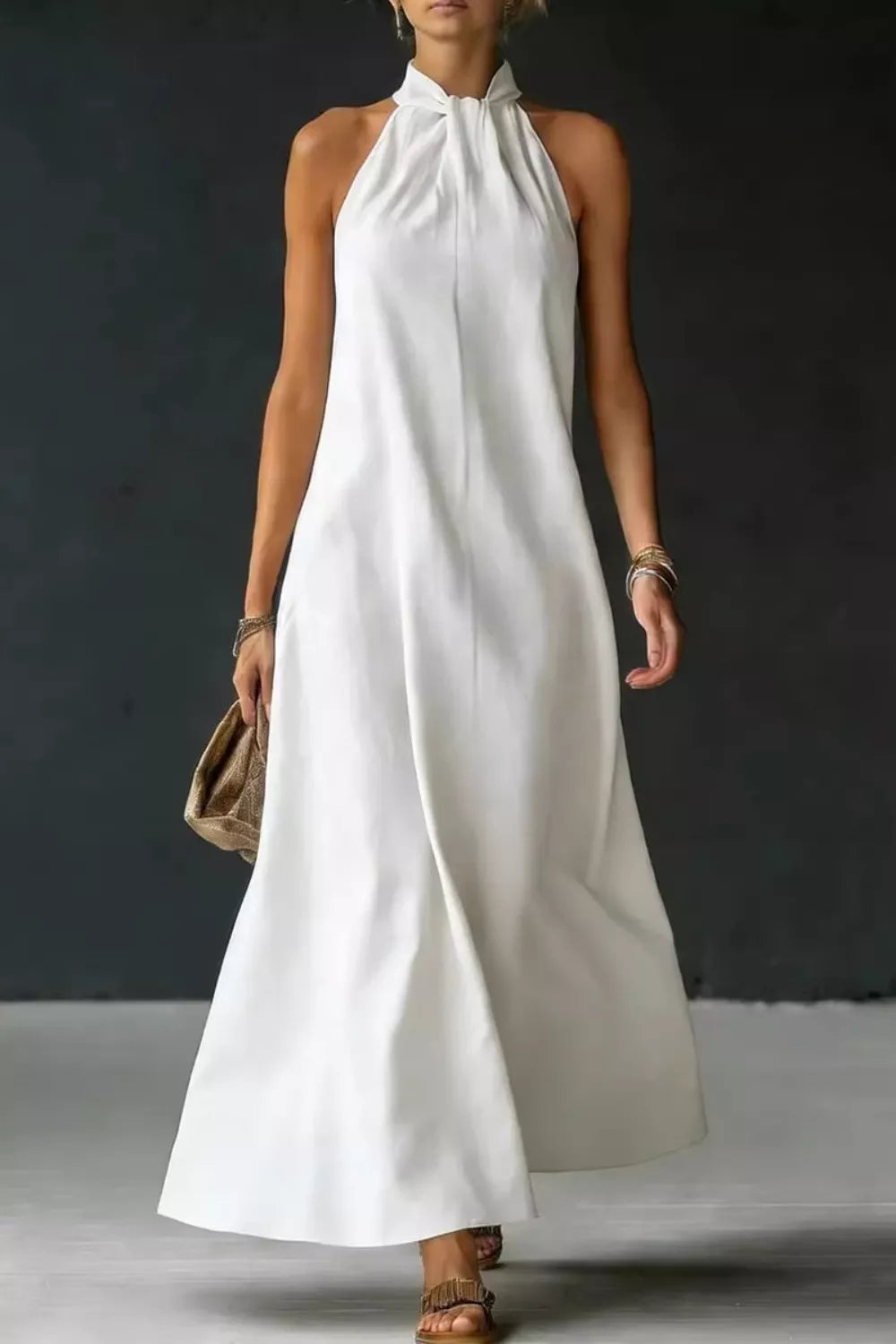 Cedar & Moore Halter Neck Sleeveless Maxi Dress in white, no slit
