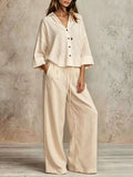 Beige wide-leg button down shirt and pants set, button front, wide-leg trousers.