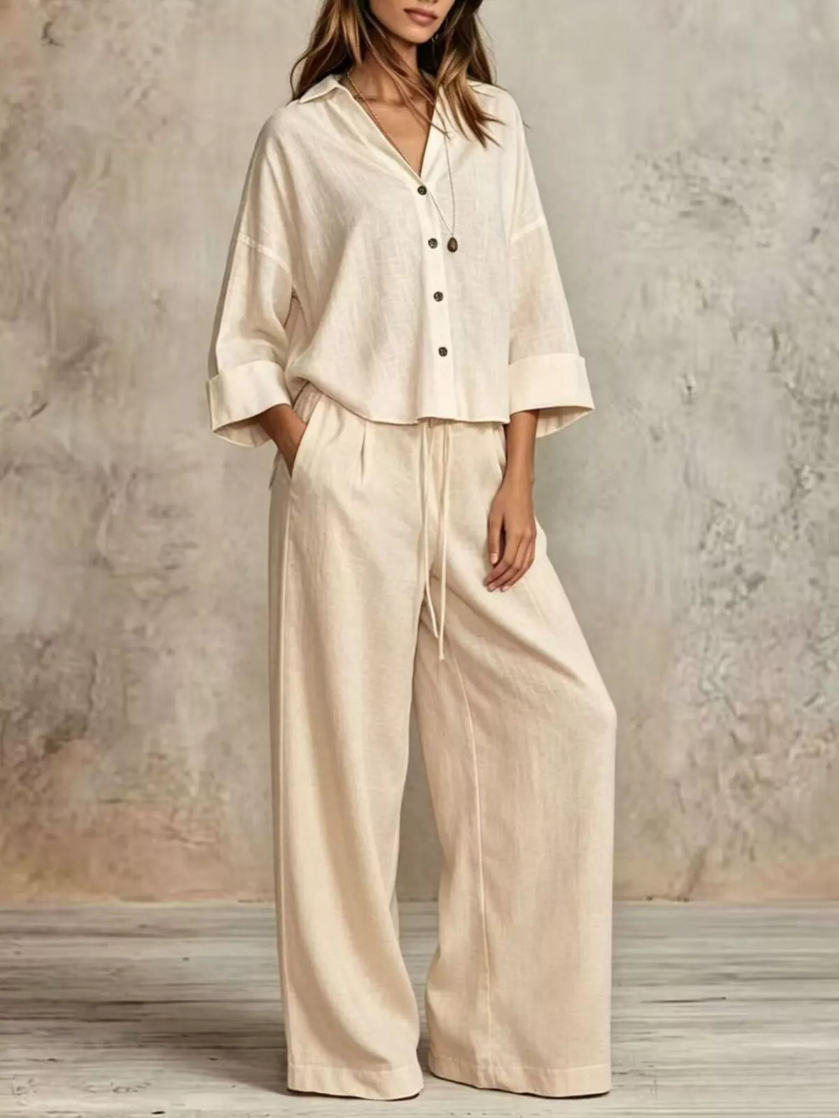 Beige wide-leg button down shirt and pants set, button front, wide-leg trousers.