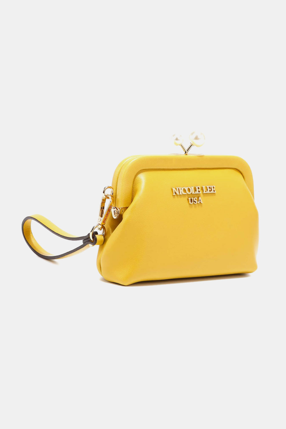 Nicole Lee USA Elise pearl coin purse, mustard yellow with wristlet strap and clasp