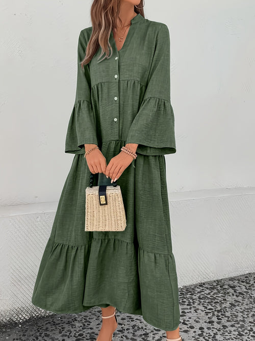 Dark green button-front tiered midi dress, long sleeves, V-neck