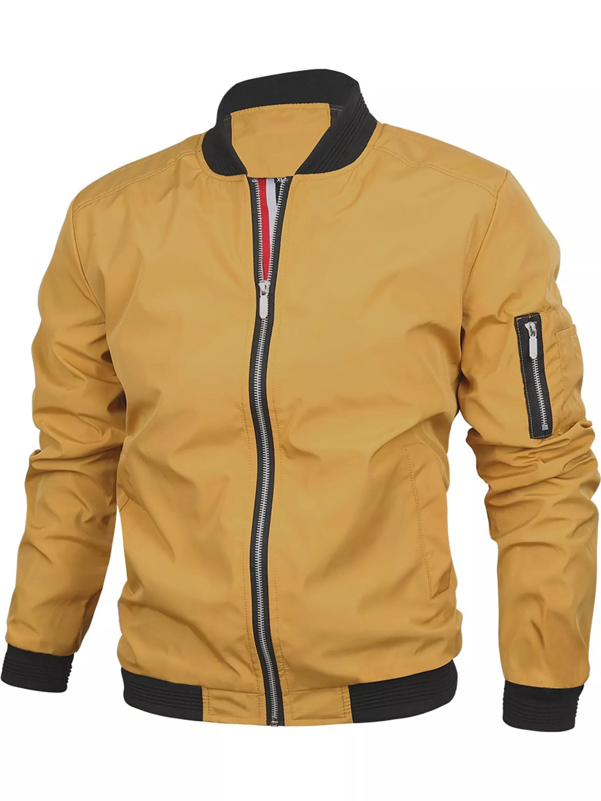 Lightweight bomber jacket in mustard yellow with black zipper and ribbed trim