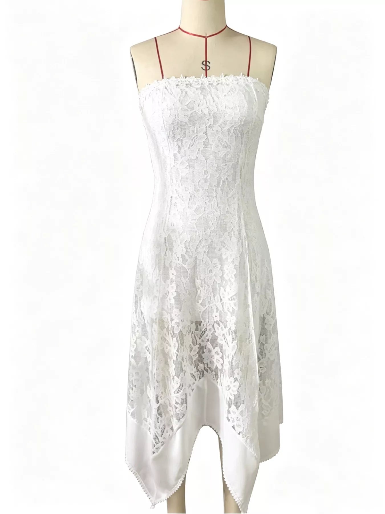 Cedar & Moore Elegant Lace Strapless Midi Dress in white with zipper detail