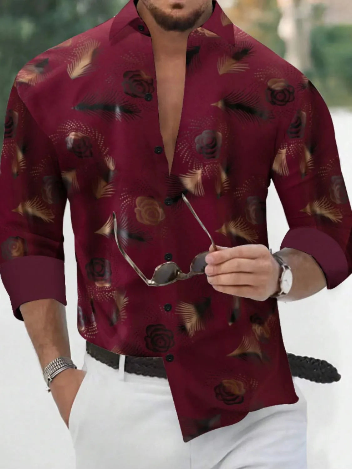 Men's button-up long-sleeve shirt in burgundy with rose and feather print