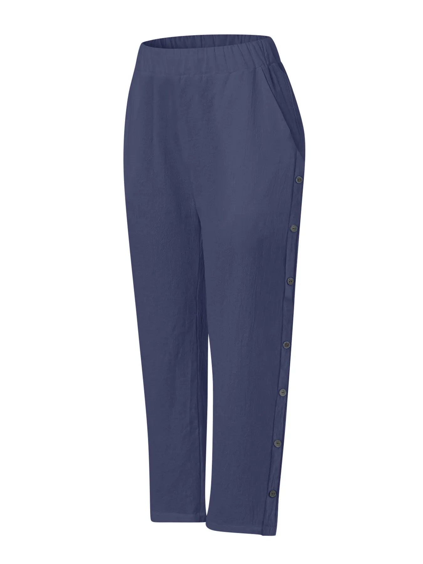 Navy blue wide-leg pants with side button placket and elastic waistband