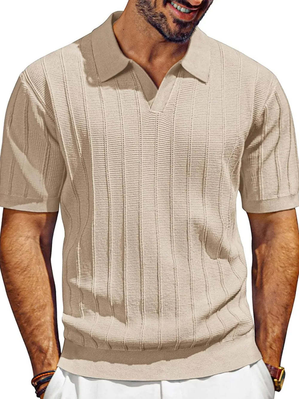 Men's textured polo shirt with collared neck, short sleeves, khaki