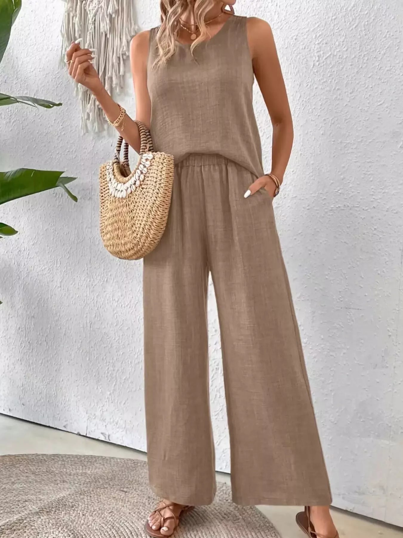 Taupe round neck tank and wide-leg pants set, sleeveless with gathered waist
