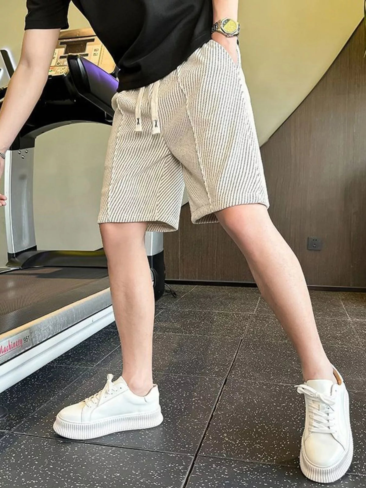 Men's striped drawstring casual shorts, light apricot and white, above-knee