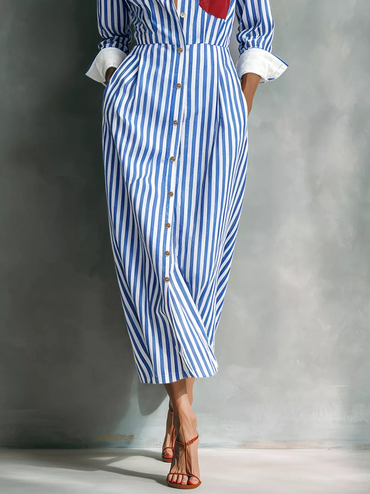 Blue striped button-front shirt dress with red contrast pocket detail, midi length.