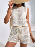 Apricot diamond-pattern knit sleeveless top and drawstring shorts set