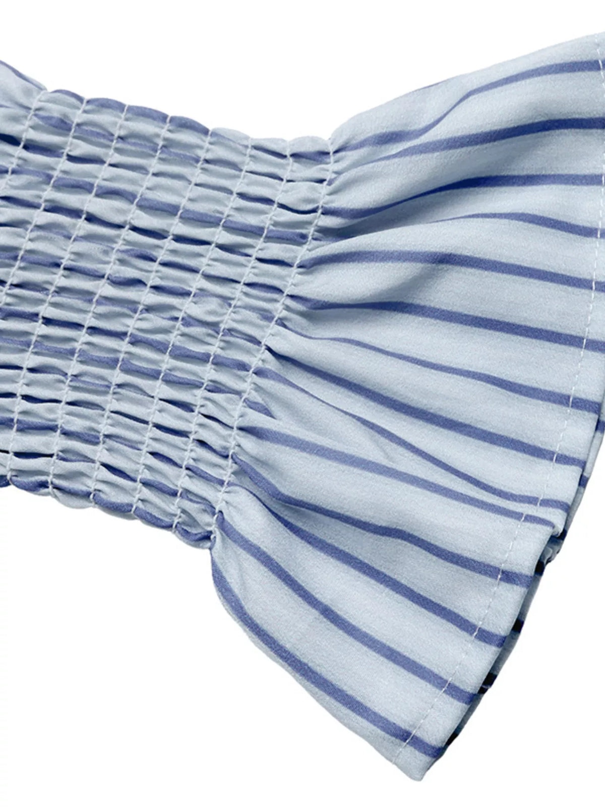 Striped shirt sleeve cuff with ruffled elastic and blue-and-white striped bow detail