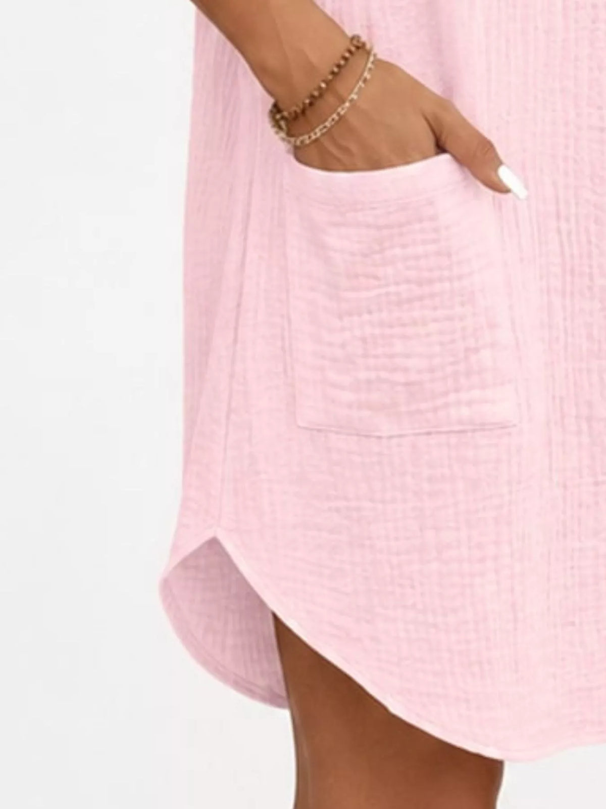 Textured button-up shirt dress with pockets, pink, chest patch pocket detail