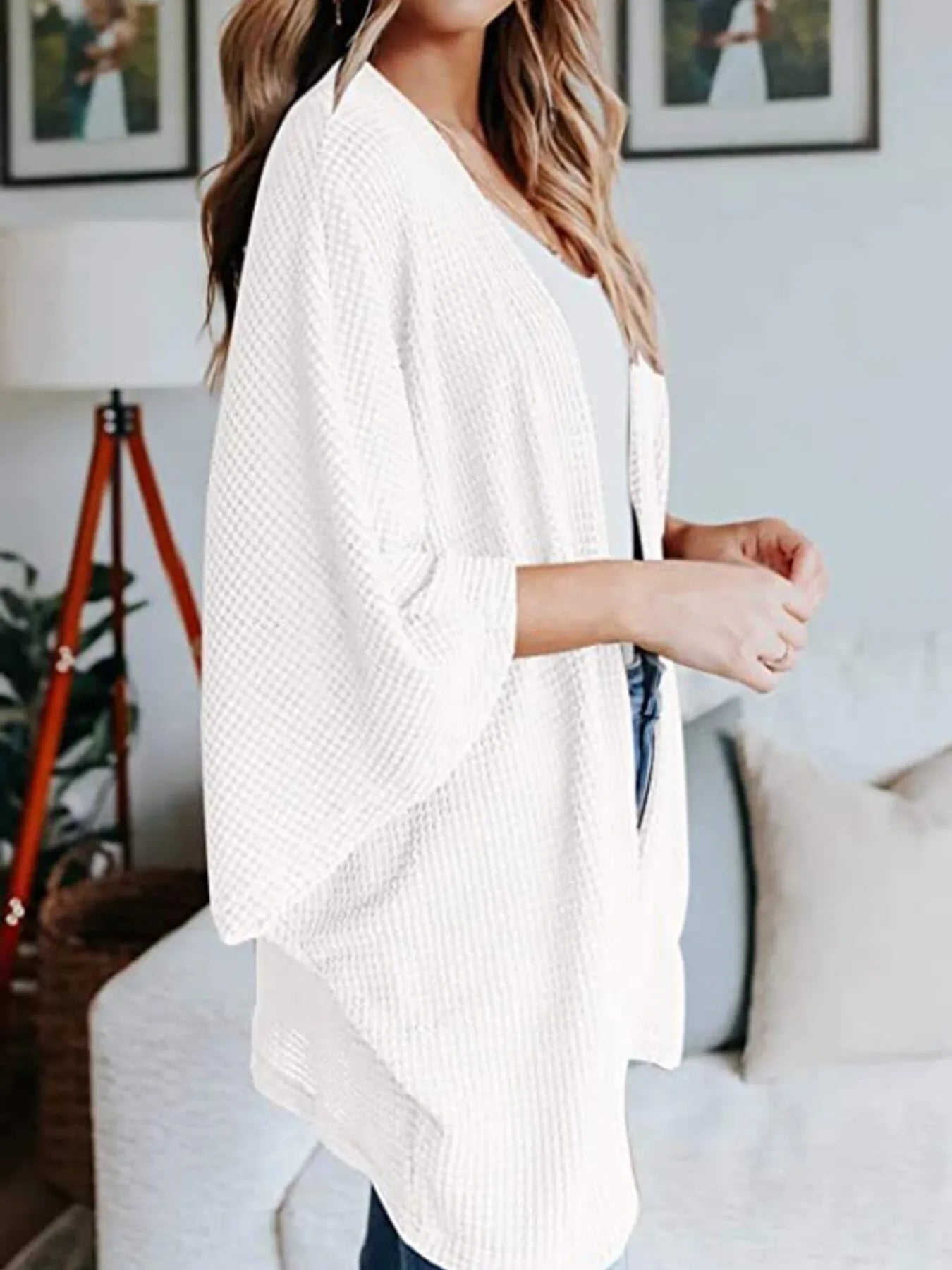 Waffle knit open-front cardigan with relaxed batwing sleeves, white front view