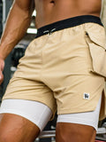 Tan drawstring shorts with black waistband, cargo pocket flap, and white inner lining