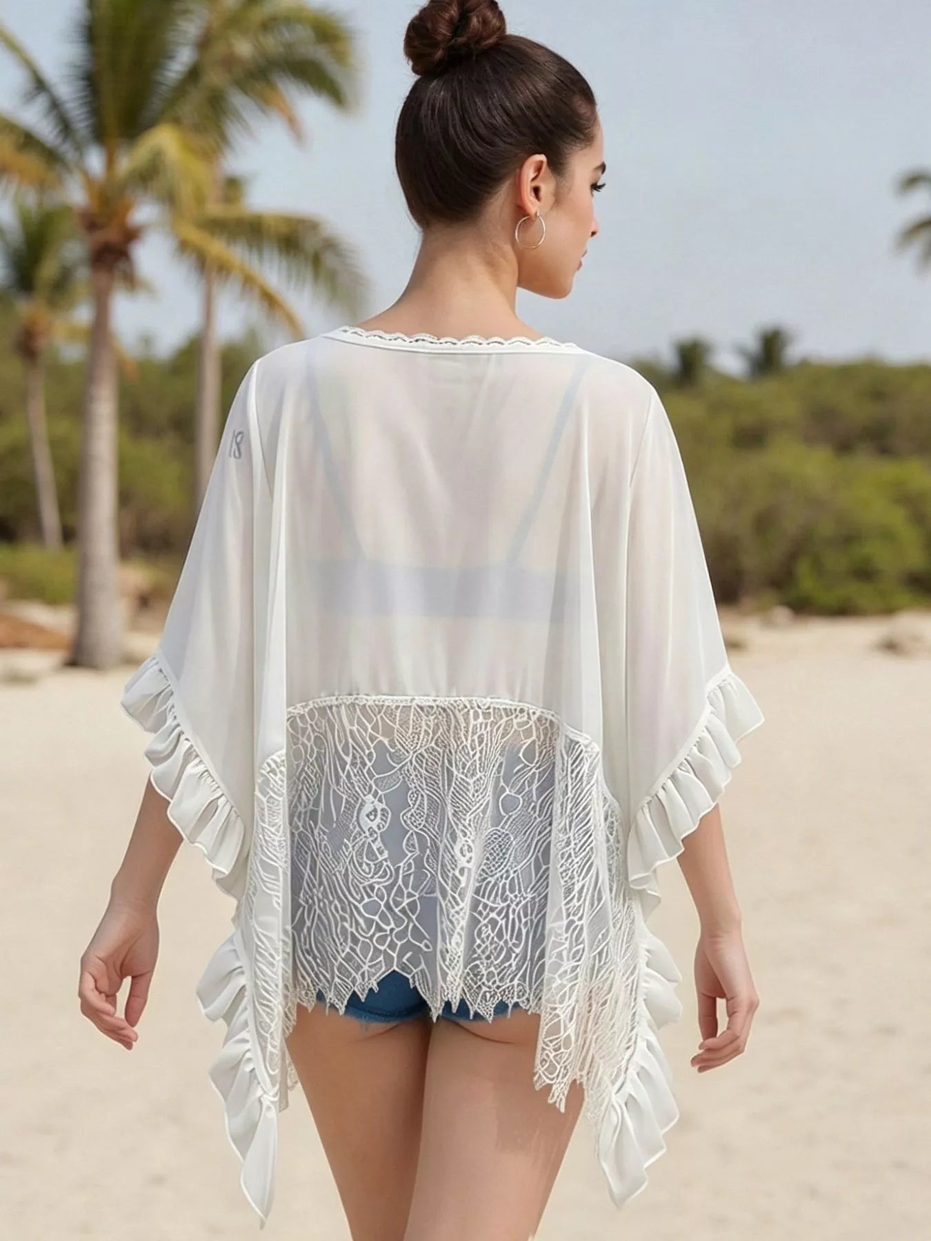 Cedar & Moore Lace Trim Flowy Cover-Up by Trendsi, sheer white lace with ruffled trim