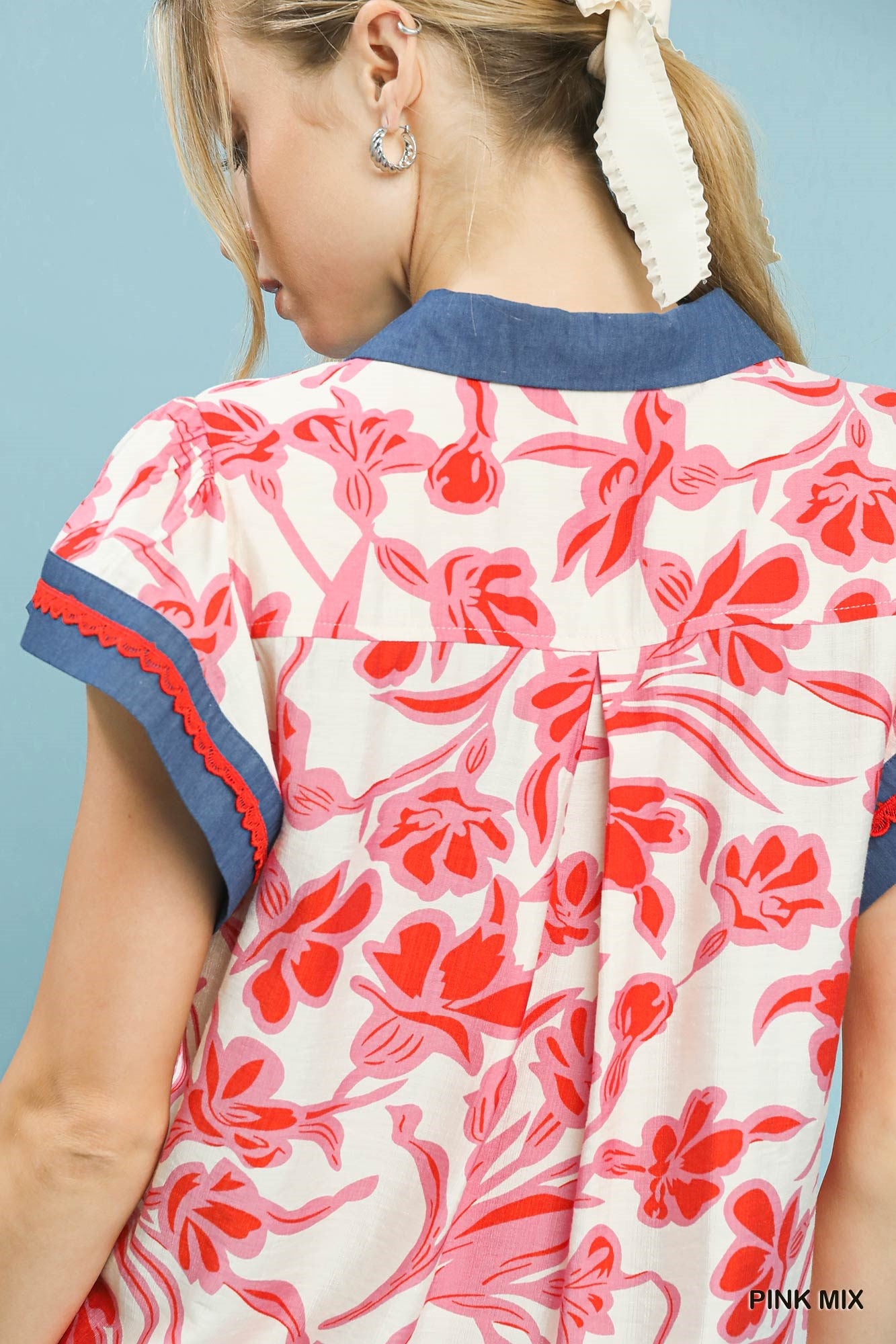 Cedar & Moore Umgee Floral Split-Neck Top with pink floral print on white, blue denim collar, short sleeves