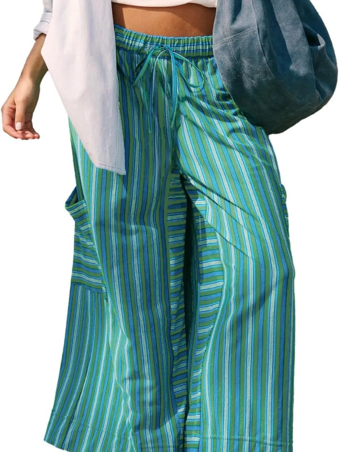Blue-green striped wide-leg pants with drawstring elastic waist and patch pockets