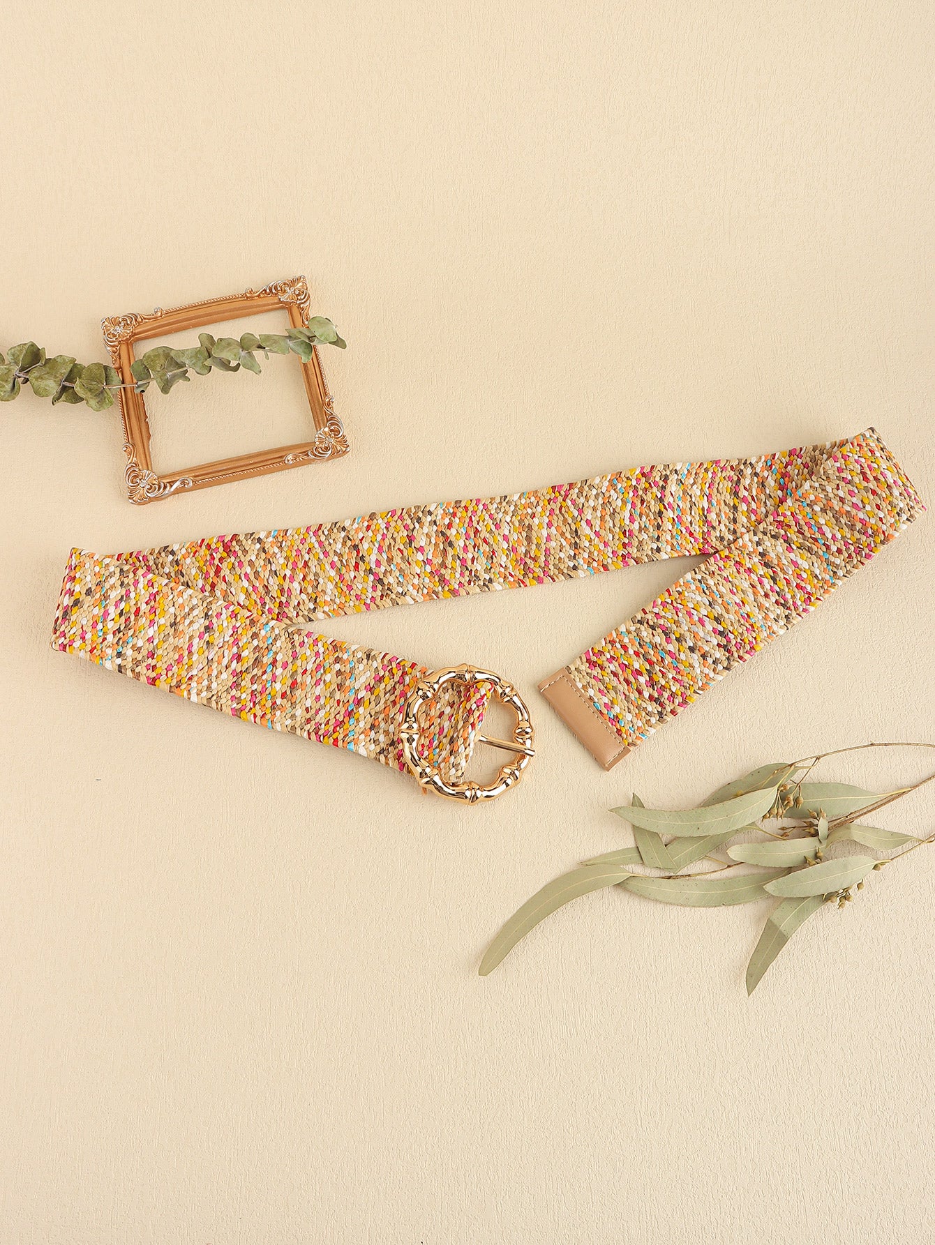 Multicolored wide belt with woven fabric and gold-toned buckle ring
