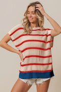 Oatmeal, red, and navy striped knit drop-shoulder sweater, ribbed crew neck and hem