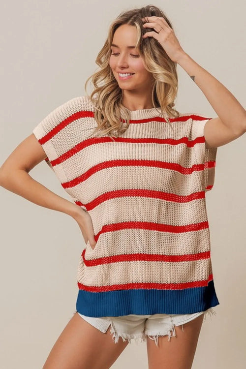 Oatmeal, red, and navy striped knit drop-shoulder sweater, ribbed crew neck and hem