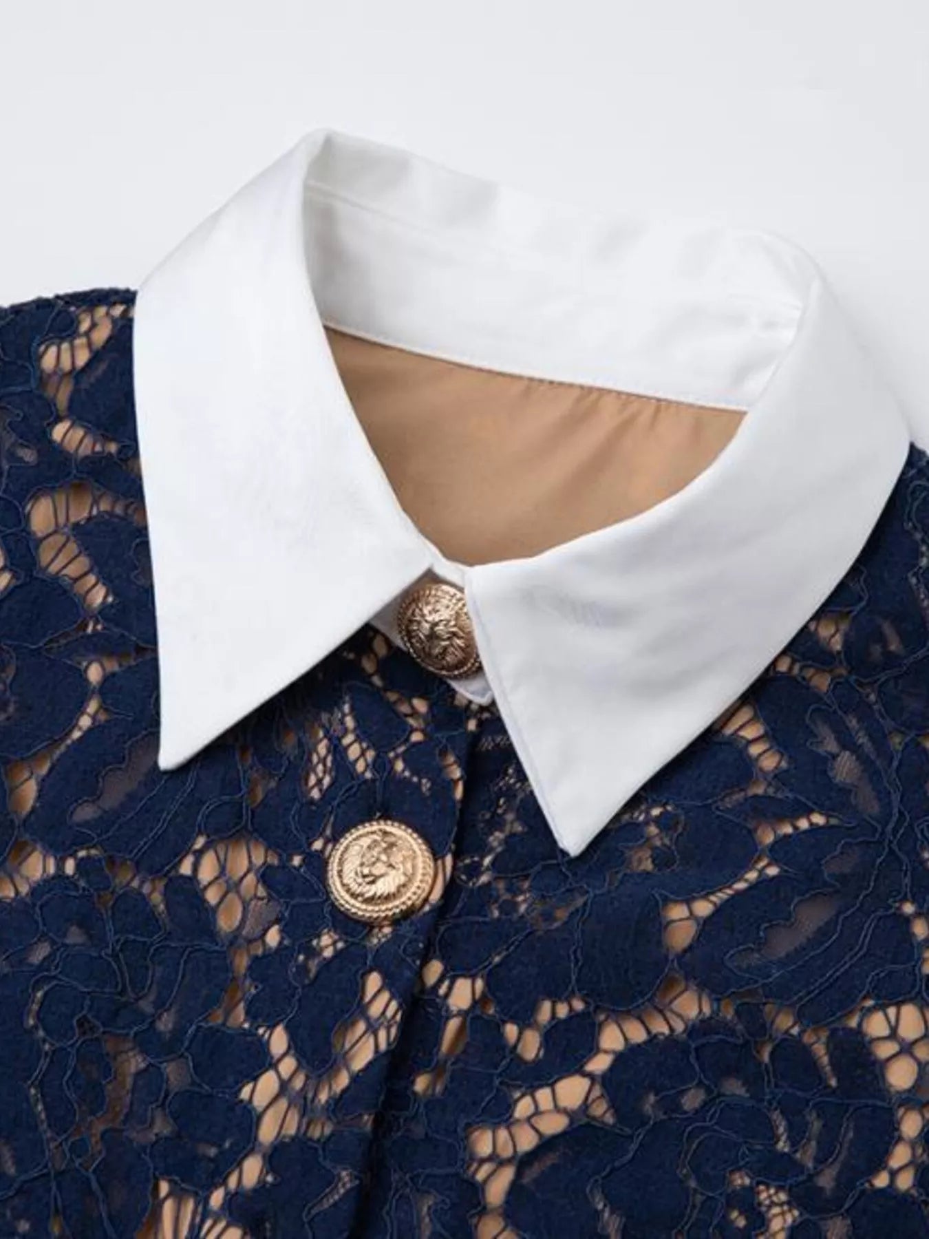 Cedar & Moore Lace Button-Down Midi Dress, navy lace with white collar, Trendsi